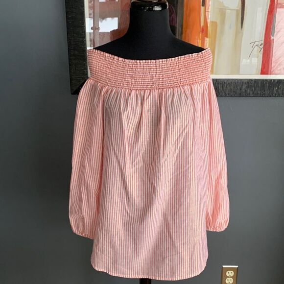 MICHAEL MICHAEL KORS orange & gold thread pinstripe off shoulder linen blend top - Picture 4 of 9